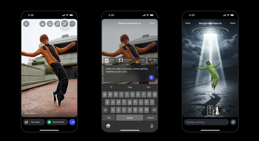 Captura de la nueva función Restyle de Instagram Stories, que utiliza inteligencia artificial de Meta para transformar fotos. Muestra cómo una imagen original puede editarse escribiendo instrucciones, convirtiéndose en una escena creativa con un OVNI mediante IA generativa.